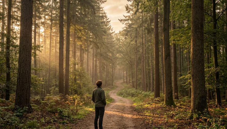 Wide-angle view of a person standing at a quiet forest path at sunrise.
