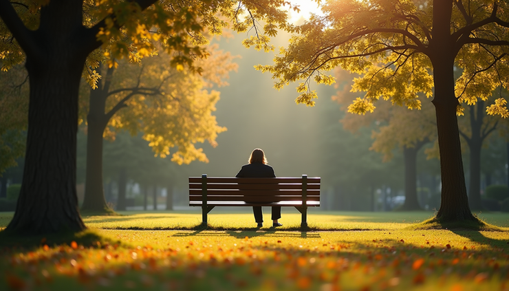 Eye-level view of a person sitting quietly on a park bench surrounded by trees and sunlight