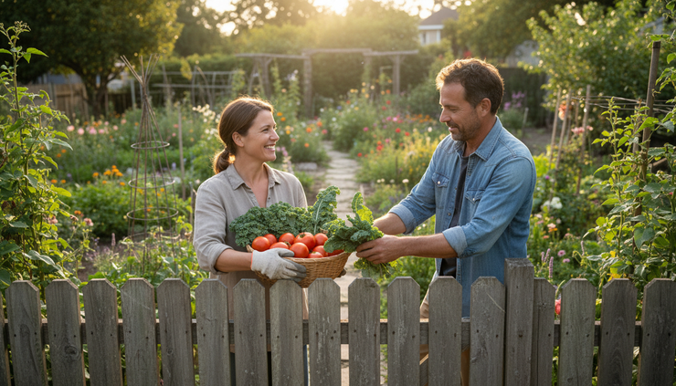 Eye-level view of two neighbors sharing vegetables over a garden fence