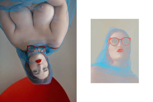 Contemporary eyewear photography for Paloma Eyewear by Polina and Vladimir Mordvinovs with artistic nude aesthetics and model Madia Garganese.