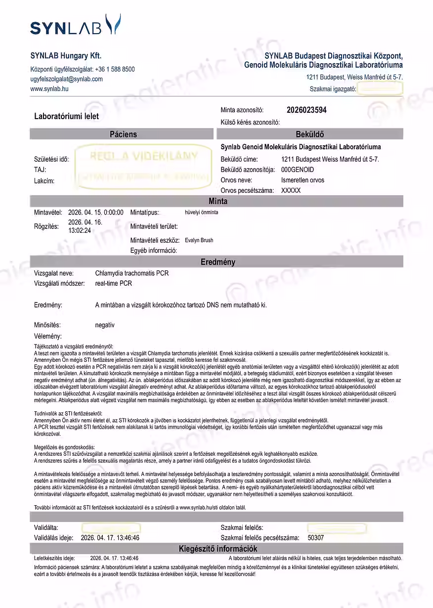 Hüvelyi mintavételből készült laboratóriumi vizsgálati lelet (Chlamydia trachomatis), személyes adatok kitakarva, vízjellel ellátva.