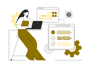 Graphic showing a business owner managing invoices, payment schedules and funding
