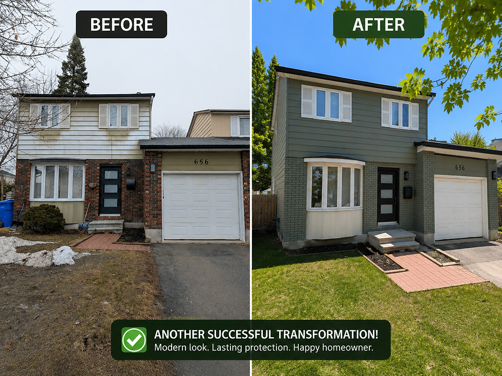 Before and after exterior renovation of Nancy’s two-storey home, showing updated siding, painted brick, refreshed front entry, shutters, garage area, landscaping, and a modern green exterior finish.