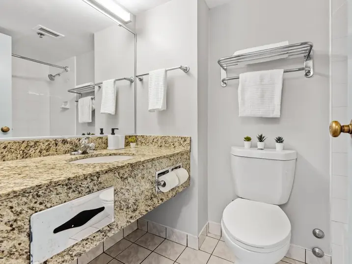 111 Cooper Street student bathroom with freshly painted white walls, granite countertop, large mirror, toilet, towel racks, and glass shower area.