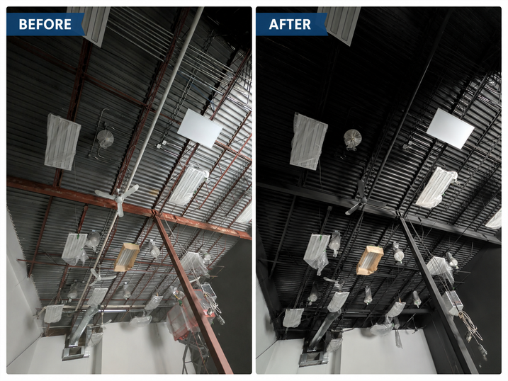 Before and after comparison of the Wellspring Studios warehouse painting project in Nepean, Ontario, showing the original exposed ceiling before painting and the finished black painted ceiling after commercial spray application.