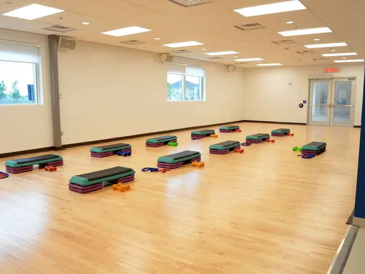 Francois Dupuis Recreation Centre fitness studio with freshly painted light walls, wood flooring, exercise steps, large windows, and bright ceiling lights.