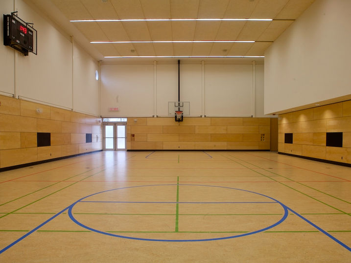Albion-Heatherington Community Centre gymnasium with freshly painted light walls, wood wall panels, basketball hoops, court lines, and bright ceiling lights.