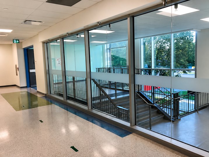 Horizon Jeunesse Elementary School corridor with freshly painted light walls, glass partitions, blue accent flooring, stairwell view, and bright natural light.