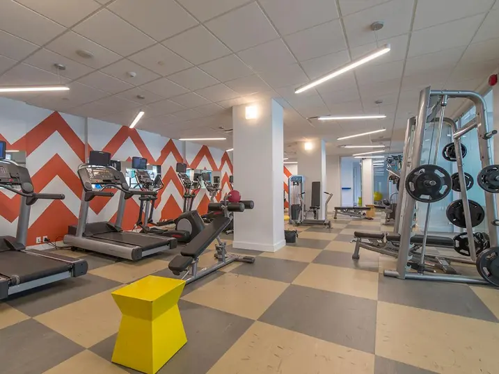 111 Cooper Street student fitness room with freshly painted geometric accent wall, treadmills, weight equipment, white columns, patterned flooring, and bright ceiling lights.