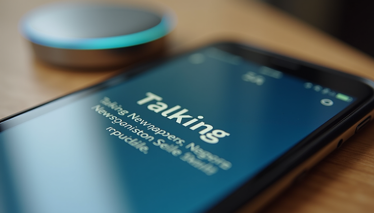 Close-up view of a smartphone screen showing the Alexa app with the Talking Newspapers skill enabled