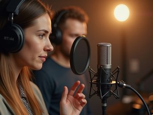 Woman speaking into a microphone wearing headphones