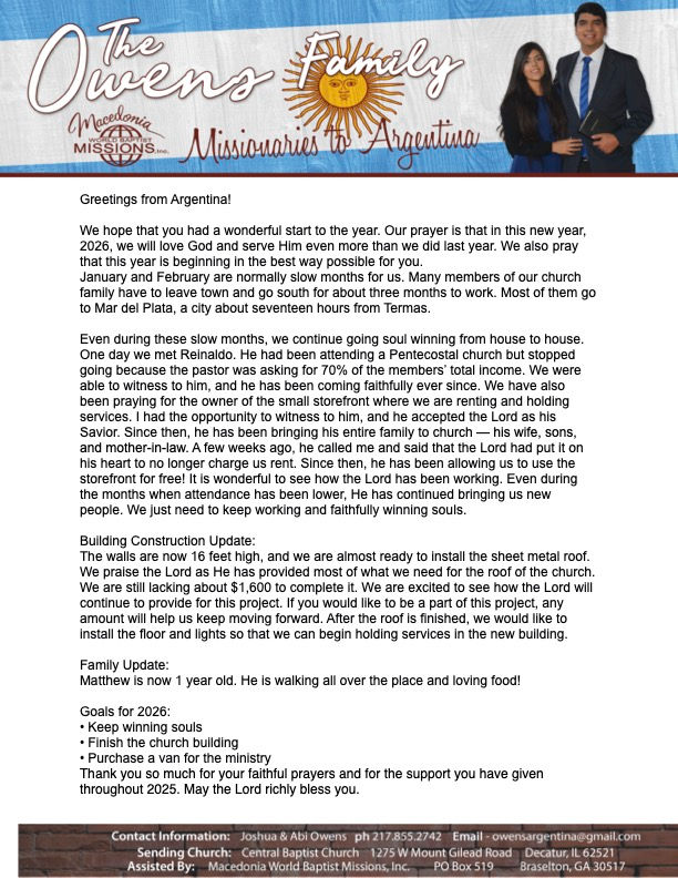 Owens Family Prayer Letter JAN-FEB 2026