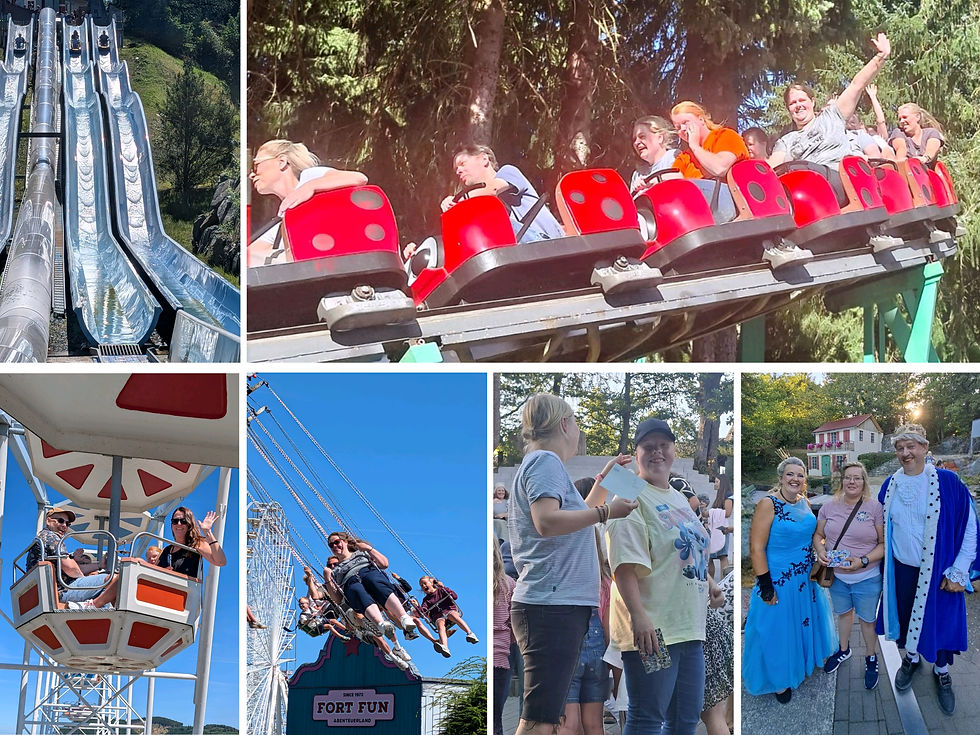 Collage aus Freizeitpark: Menschen lachen auf Achterbahn-, Schaukel- und Karussellfahrten unter blauem Himmel.
