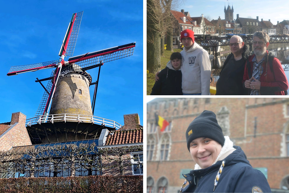 Bildcollage: Mühle, Gruppenfoto vor Gracht und Häusern
