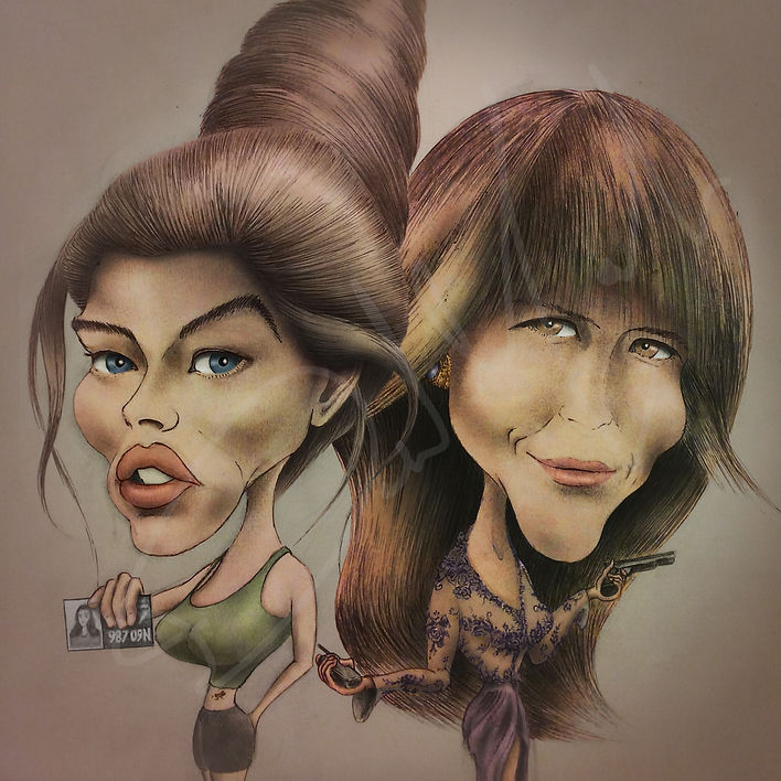 Carcitures by David Mahon of Denise Ricards and Sophie Marceau in James Bond's The World Is Not Enough