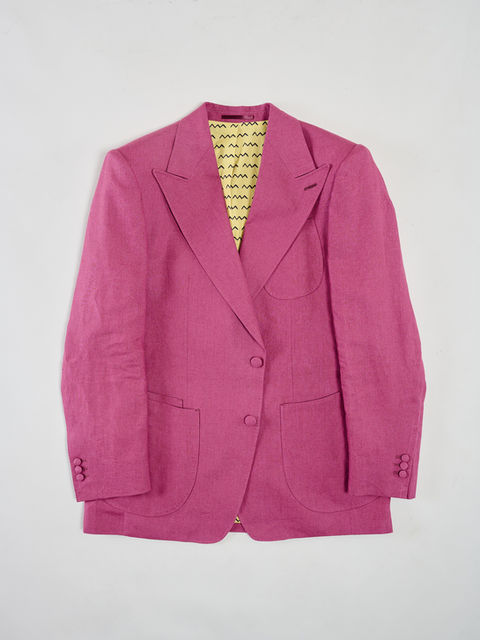 Blazer en lin rose doublure en soie jaune motif zigzag dessiné par massimiliano mocchia di coggiola vue à plat