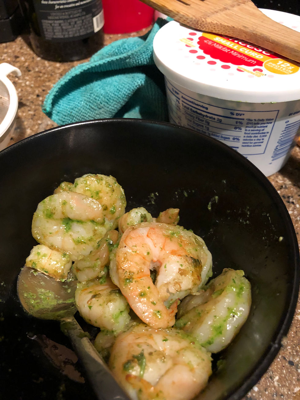 Shrimp with chickweed pesto