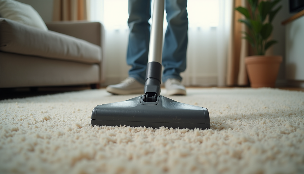 Person vacuuming a beige carpet in a living room with a gray couch and potted plant. Bright natural light filters through curtains.