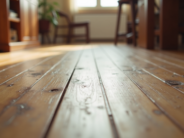Sunlit wooden floor in a cozy room with furniture and a plant. The warm hues create a serene and inviting atmosphere.