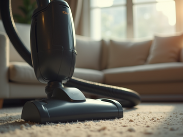 Eye-level view of a vacuum cleaner on a couch