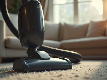Eye-level view of a vacuum cleaner on a couch