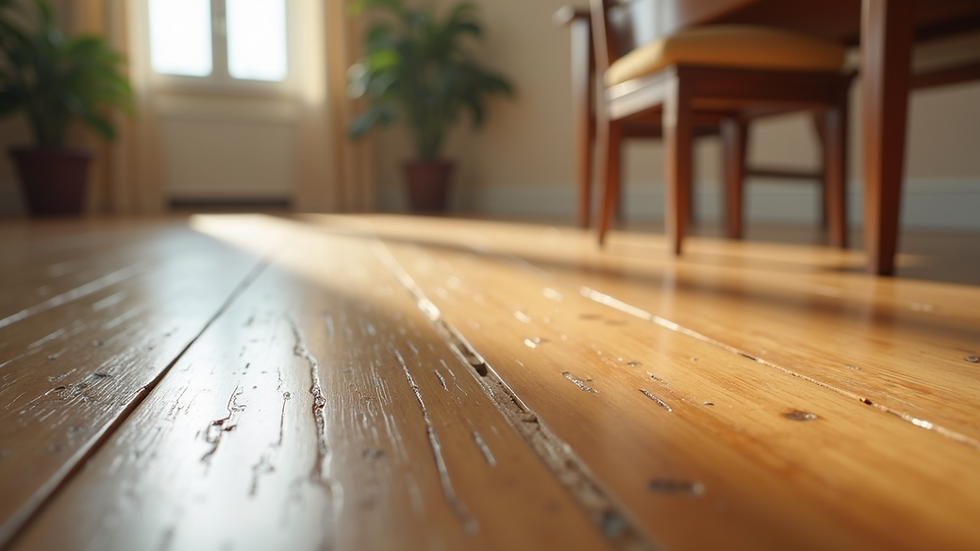 Close-up view of hardwood floor showing polishing residue