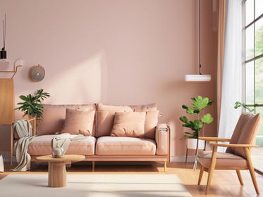 Professional Cleaning. Cozy living room with a peach sofa, cushions, plants, and a wooden coffee table. Soft sunlight enters through large windows, creating a calm mood.