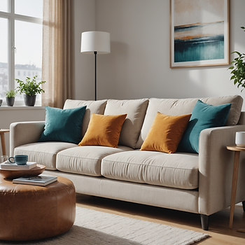 Bright living room with a beige sofa, teal and orange cushions, leather ottoman, potted plants, and abstract art. Sunlit, cozy atmosphere.