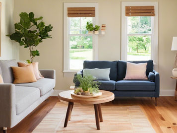 Cozy living room with gray and blue sofas, pink and beige cushions, a round coffee table, green plants, and large windows showing a garden view.