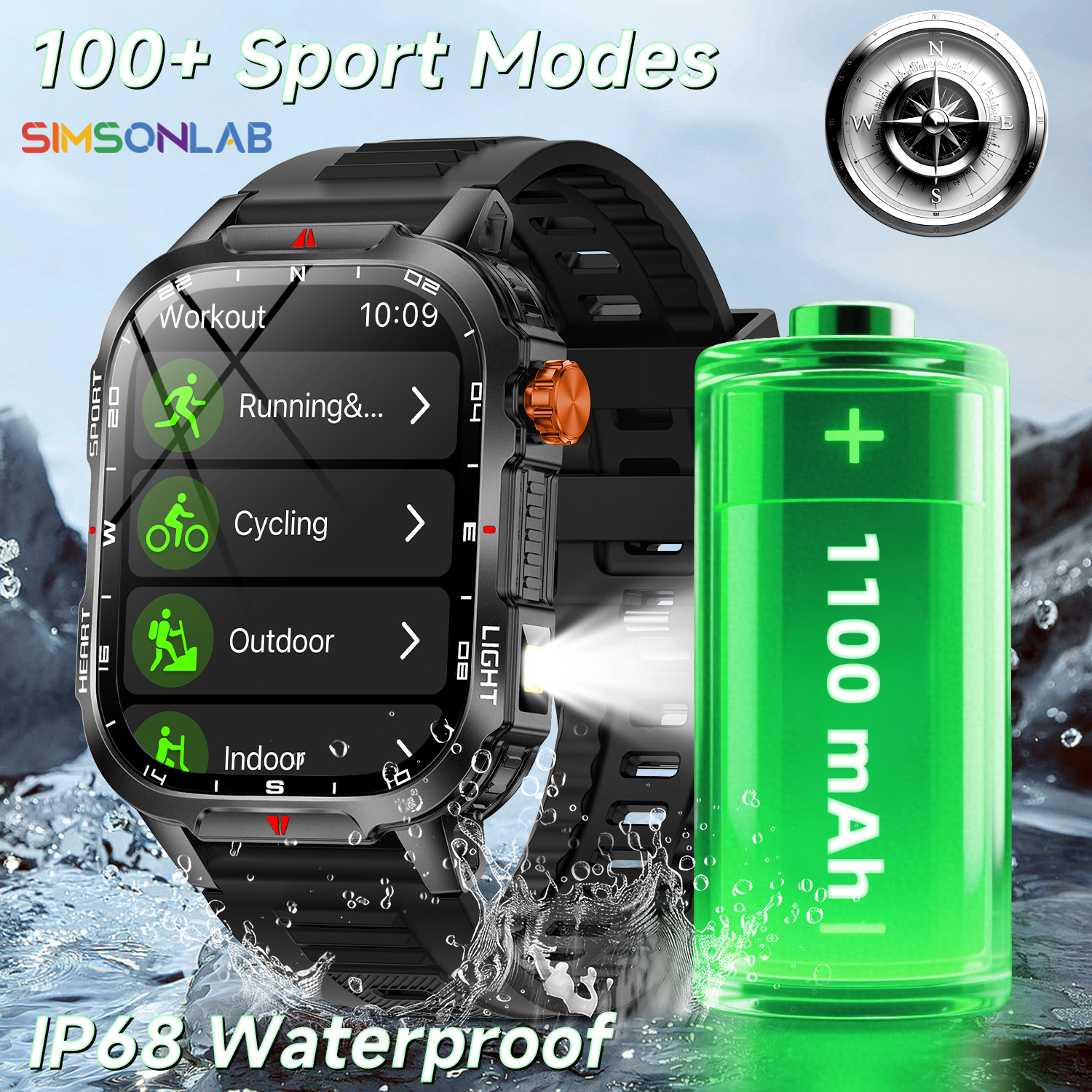 2025 Global Hiking Smartwatch 2.01''Screen 1100mAh Battery LED Light Compass IP6