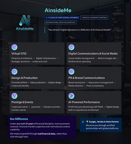 Ainsideme services: Virtual CFO, digital communications, design, PR, events and AI-powered performance.