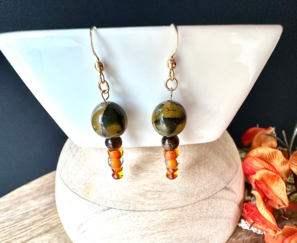 Thumbnail: Golden Harvest Collection - Tiger's Eye, Dragon Vein Agate  Earrings