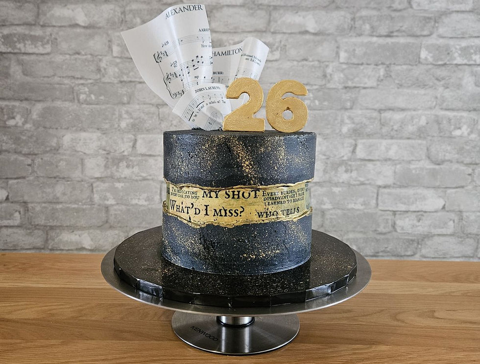 Black and gold birthday cake with edible wafer paper music sheets and gold number topper, bespoke cake in Stamford Lincolnshire