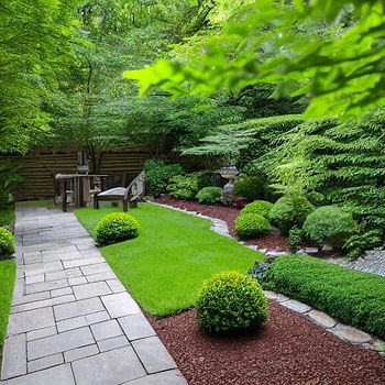 Discover the beauty of gardening in the shade, with a serene garden filled with a mixture of shade-loving plants and towering trees.