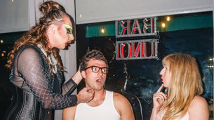Frank-N-Furter (Cameron Illidge-Welch), Brad (Diego Salazar), and Janet (Christy Burbank) get...vulnerable in Albuquerque Little Theatre's production of The Rocky Horror Show. Photo credit: Madeline Bilan