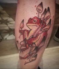 tattoo, color, frog, mushrooms, graphic tattoo