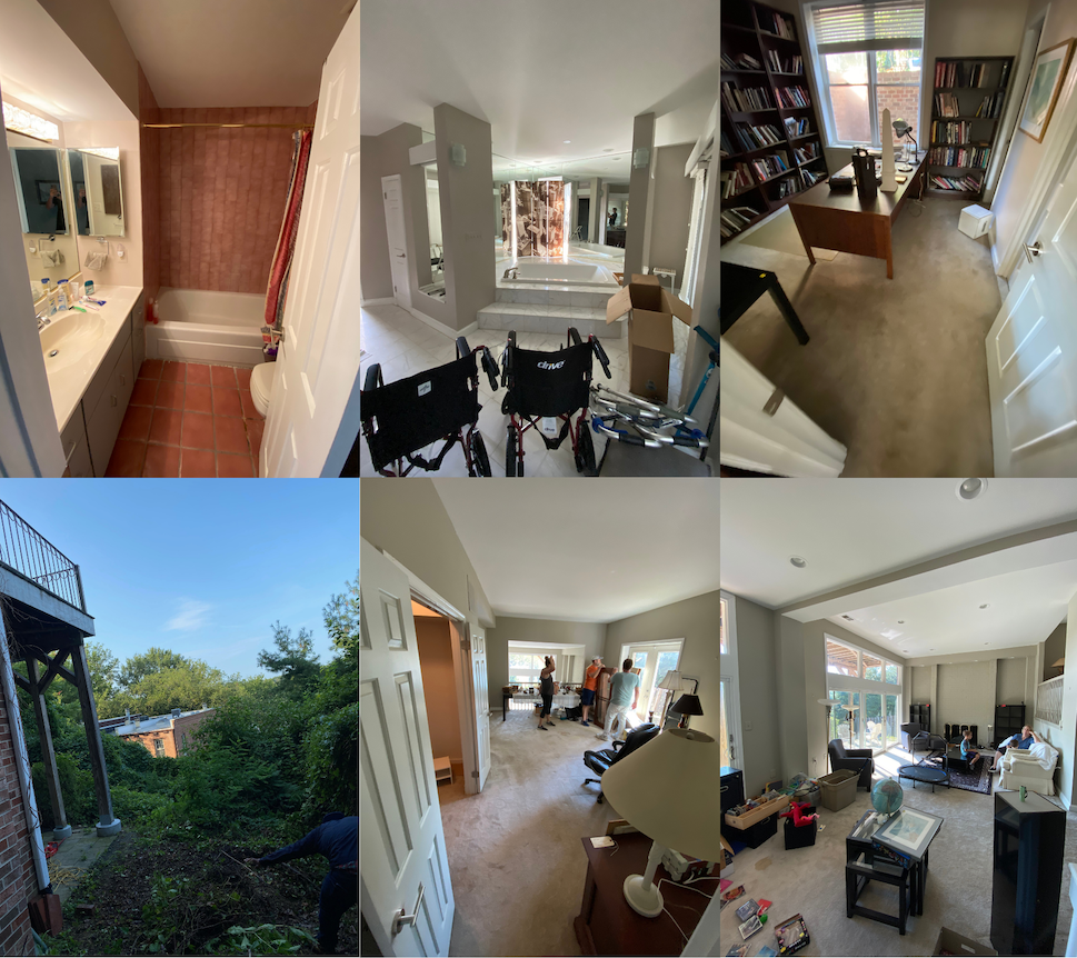 A collage of photos of outdated bathroom, kitchen, office, and living and outdoor spaces.