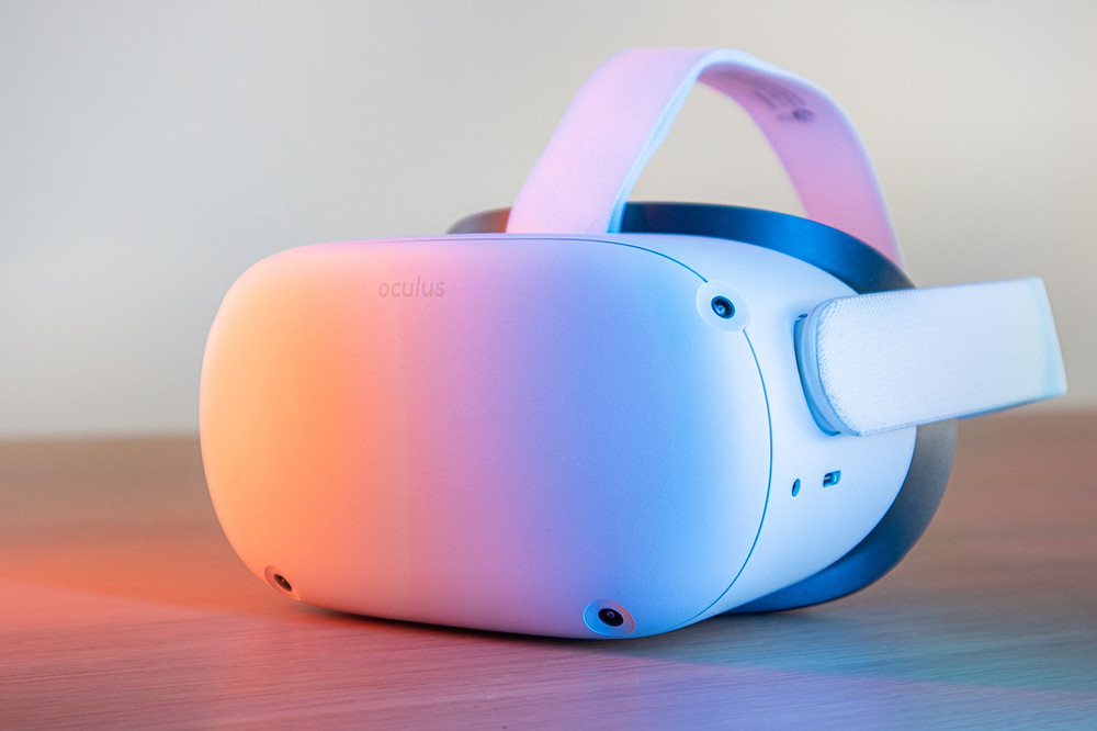A white Oculus virtual reality headset.
