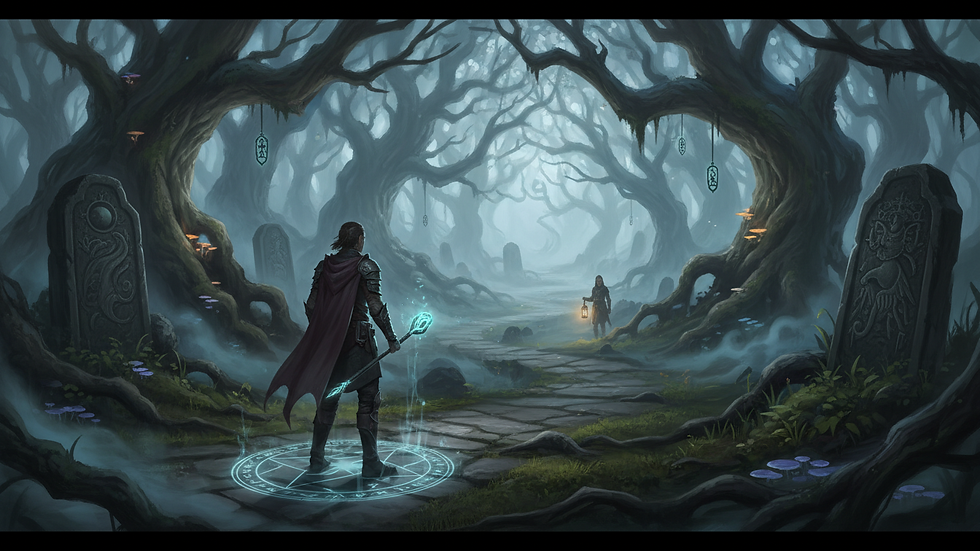 Eye-level view of a misty forest path with ancient trees