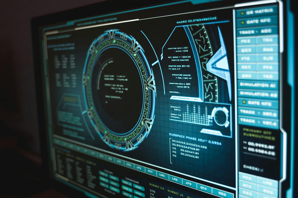 Futuristic computer screen displaying complex data and circular interface in blue tones. Text and graphs suggest analytical tasks.