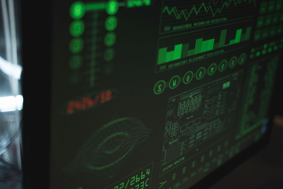 Close-up of a screen displaying green digital panels, graphs, and data. Text and circuit patterns create a tech-focused, futuristic mood.