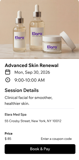 Elara Med Spa booking page for an Advanced Skin Renewal clinical facial session, showing skincare serums and cream products with a Book & Pay option at $85