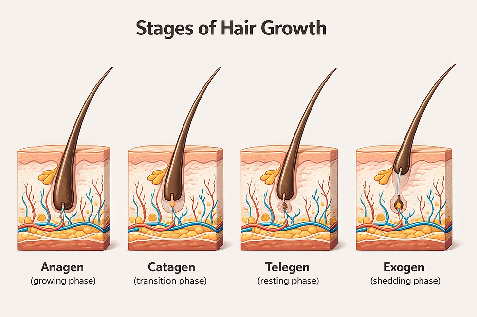 Hair growth cycle infographic illustrating anagen growth, catagen transition, telogen resting, and exogen shedding phases with scalp cross section