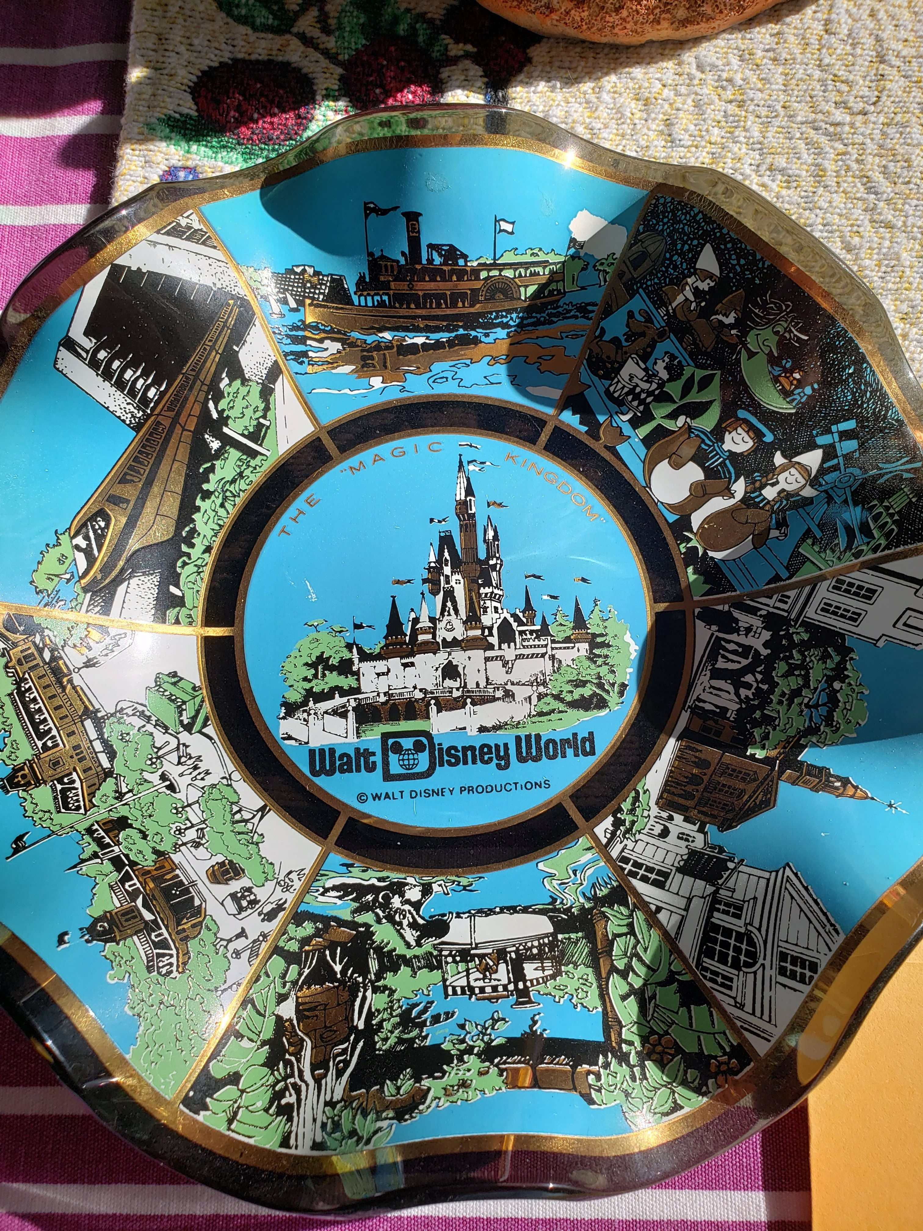Vintage Walt Disney World Souvenir Glass Dish with Wavy Edge and Illustrations