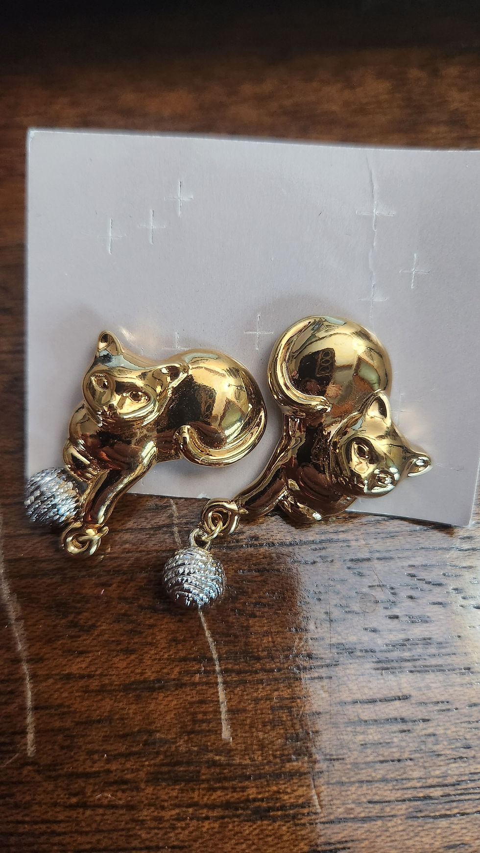 Thumbnail: Vintage Avon Brand Antique Gold Cat and Silver Thread Ball Stud Earrings