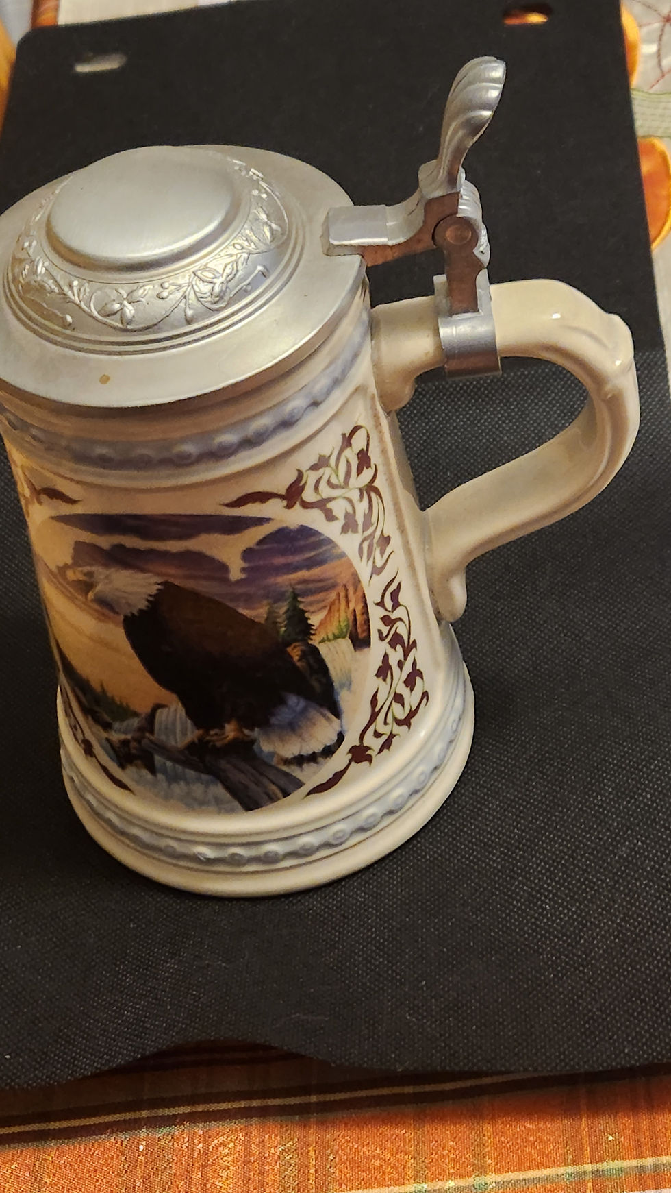 Thumbnail: OWLE EAGLE STEIN W..GERMANY PEWTER HINGED LID WATER FALL FOREST COLOR IMAGES