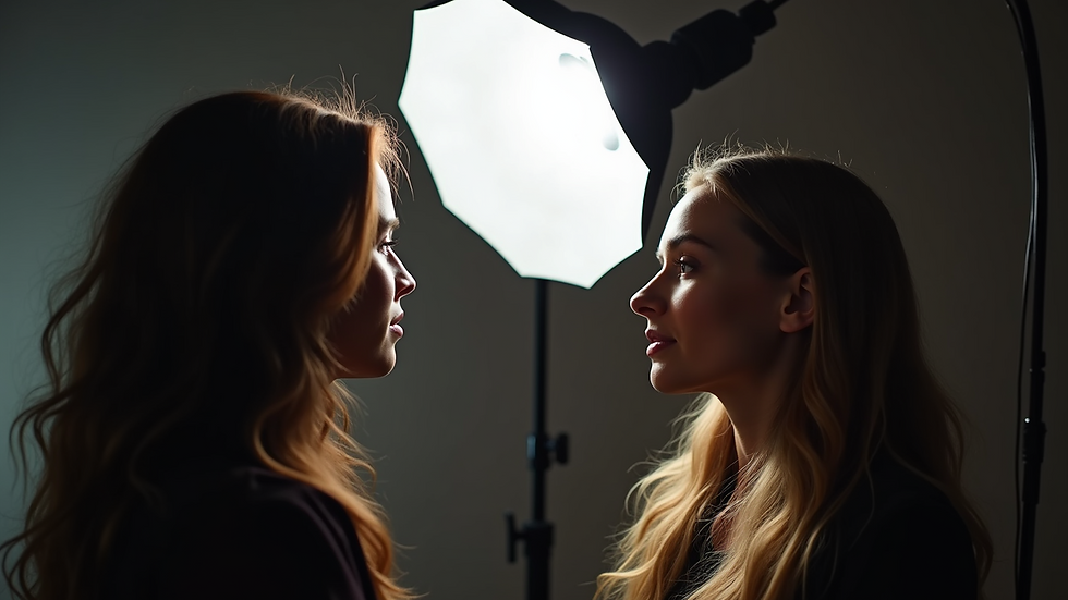Eye-level view of a photographer adjusting lighting for a headshot session