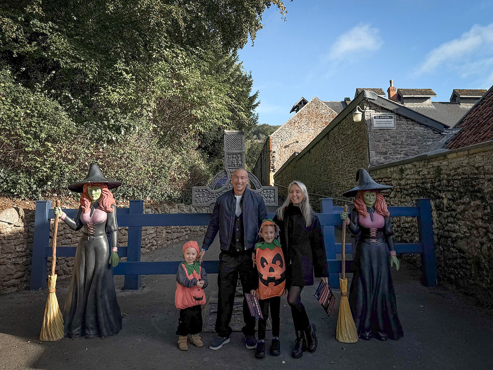 Our family in Halloween fancy dress at Wookey Hole, Somerset