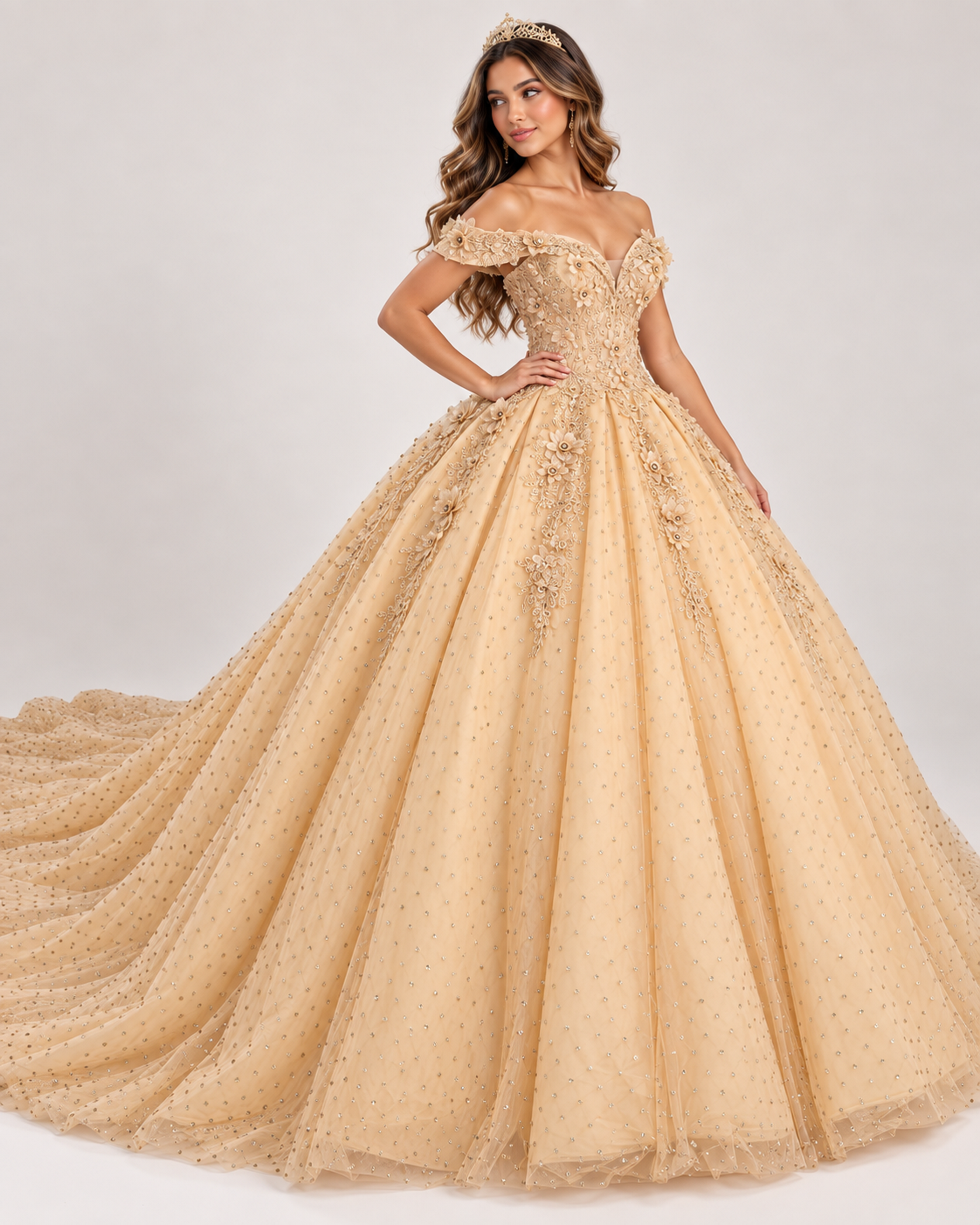 Front view of model showing Yellow off-the-shoulder quinceañera ball gown with glitter tulle and 3D floral appliqués