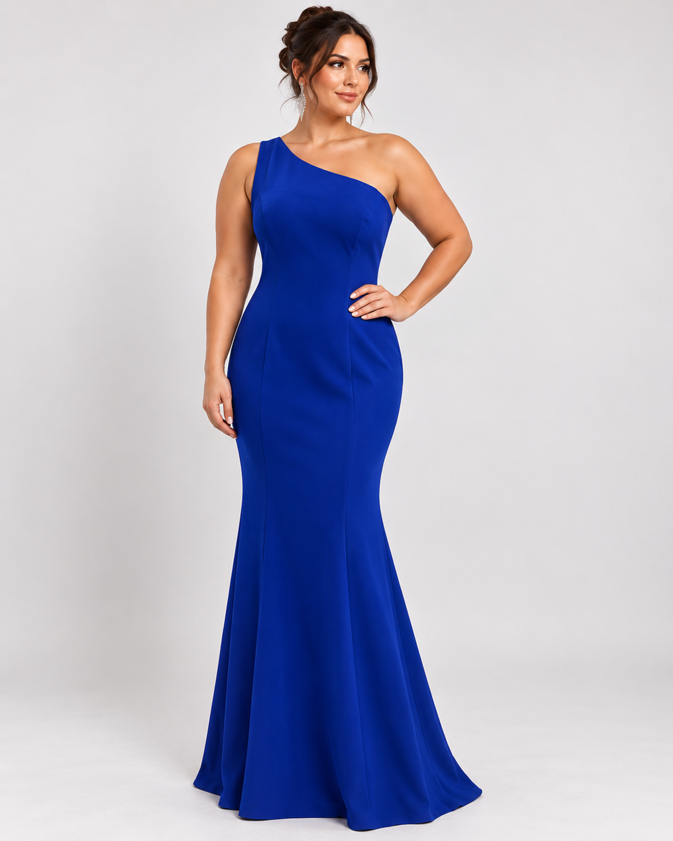 Front view of model wearing the royal blue one shoulder evening gown ideal for parties proms and on clearance